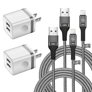whireleast iphone charger cable 10 ft with wall plug, braided long iphone charging cord + dual usb wall charger block adapter compatible with iphone 12/11/11 pro max/xs/xr/x/8/7/6 plus, ipad (4-pack)