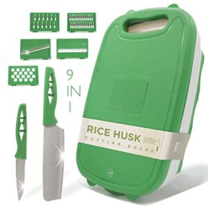 kitchen cutting board with 9-in-1 multi-functionality from rice husk – durable, collapsible, space saving chopping board that slices, dices and strains – complete with knife set and dishwasher safe