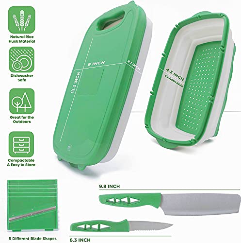Kitchen Cutting Board with 9-in-1 Multi-Functionality from Rice Husk – Durable, Collapsible, Space Saving Chopping Board that Slices, Dices and Strains – Complete with Knife Set and Dishwasher Safe