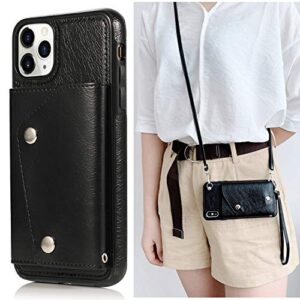 luvi for iphone 11 pro card holder case with neck strap crossbody chain handbag wrist strap protective cover with credit card holder slot pu leather wallet case for iphone 11 pro black