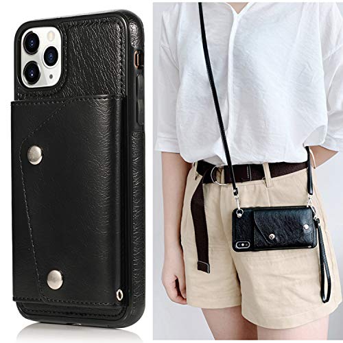 LUVI for iPhone 11 Pro Card Holder Case with Neck Strap Crossbody Chain Handbag Wrist Strap Protective Cover with Credit Card Holder Slot PU Leather Wallet Case for iPhone 11 Pro Black