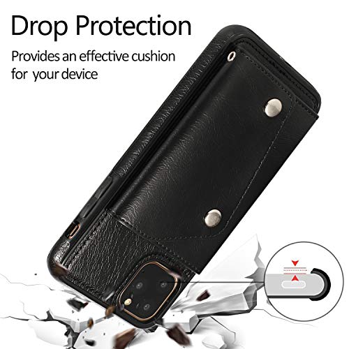 LUVI for iPhone 11 Pro Card Holder Case with Neck Strap Crossbody Chain Handbag Wrist Strap Protective Cover with Credit Card Holder Slot PU Leather Wallet Case for iPhone 11 Pro Black