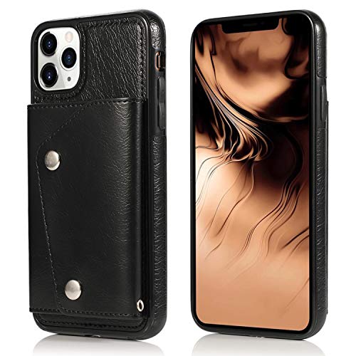 LUVI for iPhone 11 Pro Card Holder Case with Neck Strap Crossbody Chain Handbag Wrist Strap Protective Cover with Credit Card Holder Slot PU Leather Wallet Case for iPhone 11 Pro Black