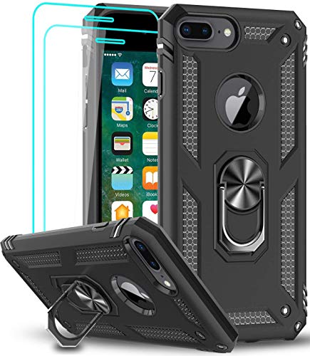 LeYi Compatible for iPhone 8 Plus Case, iPhone 7 Plus Case, iPhone 6 Plus Case with Tempered Glass Screen Protector [2 Pack], Military-Grade Phone Case with Kickstand Ring for iPhone 6s Plus, Black