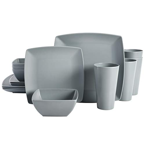 Gibson Home Soho Grayson Square Melamine Dinnerware Set, Service for Four (16pcs), Grey