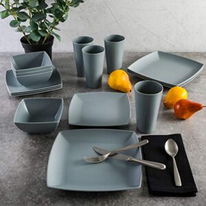 Gibson Home Soho Grayson Square Melamine Dinnerware Set, Service for Four (16pcs), Grey