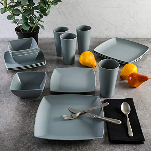 Gibson Home Soho Grayson Square Melamine Dinnerware Set, Service for Four (16pcs), Grey