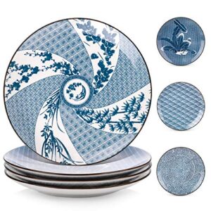 y yhy 10 inch ceramic dinner plates, serving plates for christmas & thanksgiving dinner, porcelain dinner plates set of 4, microwave & dishwasher safe, blue and white - 4 pattern