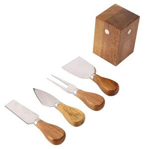 olelo 4 Pieces Cheese Knives Set Includes 4 Stainless Steel Cheese Slicer Cheese Cutter with Wooden Handle & 1 Wooden Magnetic Block Stand…
