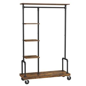 vasagle clothes rack, clothing garment rack on wheels, rolling clothes organizer with 5-tier, industrial pipe style, rustic brown uhsr66bx