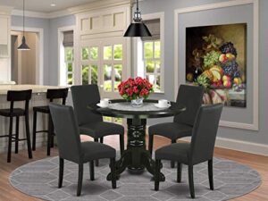 east west furniture 5pc rounded 42 inch dining table and four parson chair with black finish leg and linen fabric- black color