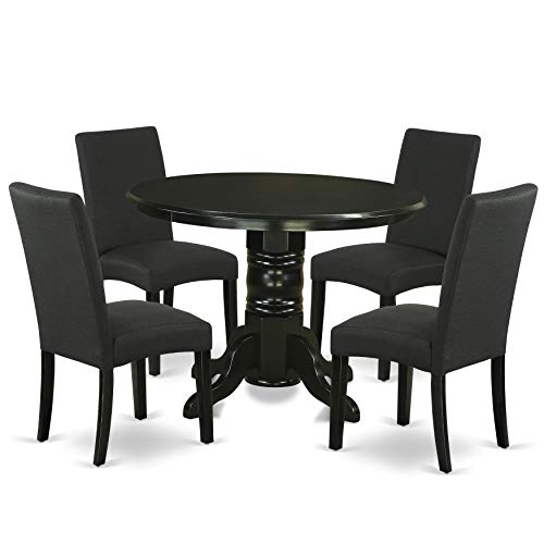 EAST WEST FURNITURE 5Pc Rounded 42 Inch Dining Table And Four Parson Chair With Black Finish Leg And Linen Fabric- Black Color