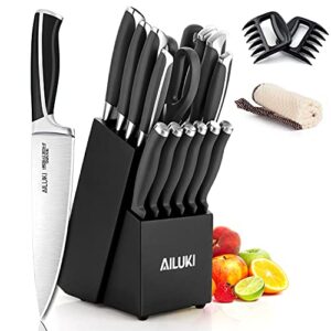 knife set,18 piece kitchen knife set with block wooden and sharpener, professional high carbon german stainless steel chef knife set, ultra sharp full tang forged white knives set (black)