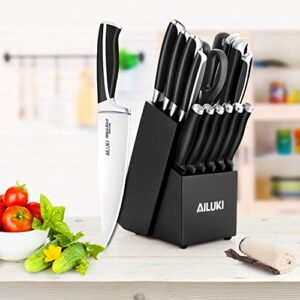 Knife Set,18 Piece Kitchen Knife Set with Block Wooden and Sharpener, Professional High Carbon German Stainless Steel Chef Knife Set, Ultra Sharp Full Tang Forged White Knives Set (black)