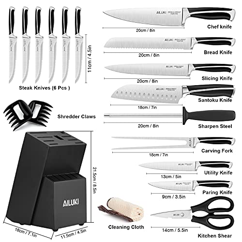 Knife Set,18 Piece Kitchen Knife Set with Block Wooden and Sharpener, Professional High Carbon German Stainless Steel Chef Knife Set, Ultra Sharp Full Tang Forged White Knives Set (black)