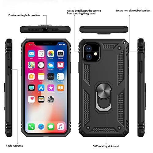 LeYi Black Phone Cases for iPhone 11, Compatible with iPhone 11 Phone Case with Screen Protector [2 Pack] for Men, Military-Grade Armor Magnetic Ring Kickstand for iPhone 11 6.1 inch, Graphite