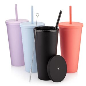 tumblers with lids (4 pack) 22oz pastel colored acrylic cups with lids and straws | double wall matte plastic bulk tumblers with free straw cleaner! vinyl customizable diy gifts