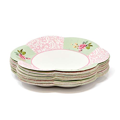 24 Disposable Tea Party Cups 5 oz 3" 24 Saucers 5" Paper Floral Shaped Plate Teacup Set with Handles for Kids Girls Mom Coffee Mugs Wedding Birthday Bridal Baby Shower Mint Green Pink Table Supplies