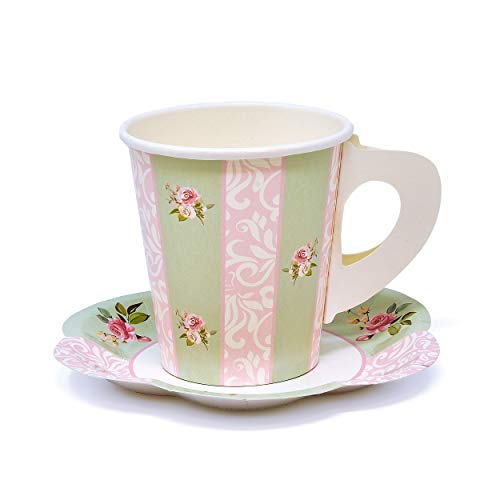 24 Disposable Tea Party Cups 5 oz 3" 24 Saucers 5" Paper Floral Shaped Plate Teacup Set with Handles for Kids Girls Mom Coffee Mugs Wedding Birthday Bridal Baby Shower Mint Green Pink Table Supplies