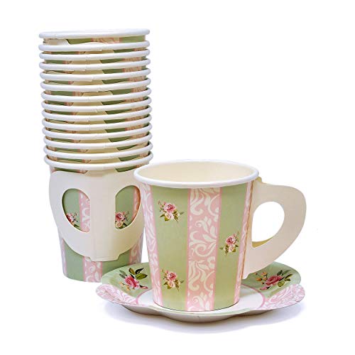 24 Disposable Tea Party Cups 5 oz 3" 24 Saucers 5" Paper Floral Shaped Plate Teacup Set with Handles for Kids Girls Mom Coffee Mugs Wedding Birthday Bridal Baby Shower Mint Green Pink Table Supplies