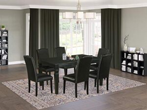 east west furniture 7pc rectangular 42/60 inch dinette table with 18 in leaf and 6 parson chair with black leg and pu leather color black.