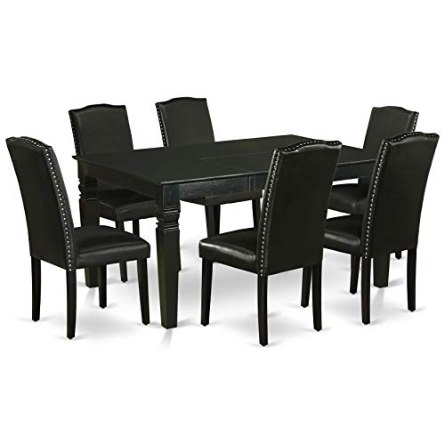 EAST WEST FURNITURE 7Pc Rectangular 42/60 inch Dinette Table With 18 In Leaf And 6 Parson Chair With Black Leg And Pu Leather Color Black.