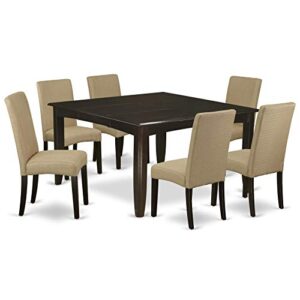 EAST WEST FURNITURE 7Pc Square 36/54 inch Kitchen Table With 18 In Leaf And 6 Parson Chair With Cappuccino Finish Leg And Linen Fabric- Brown Color