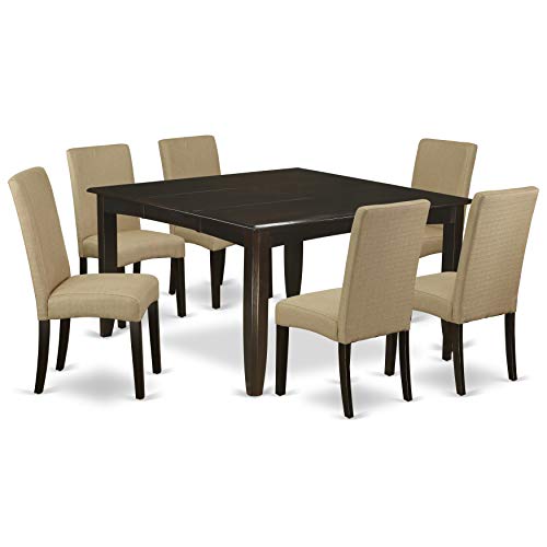 EAST WEST FURNITURE 7Pc Square 36/54 inch Kitchen Table With 18 In Leaf And 6 Parson Chair With Cappuccino Finish Leg And Linen Fabric- Brown Color