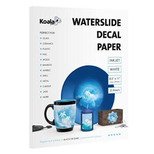 koala 25 sheets waterslide decal paper for inkjet printer - white 8.5x11 inch water slide transfer paper for diy tumblers, mugs, glass, ceramics