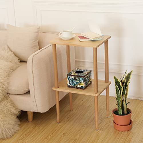 exilot Solid Wood Side Table, 2-Tier End Table with Storage Shelves, Tall Nightstand Bedside Table for Living Room Bedroom Office No-Tool Assembly