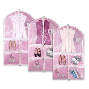 hiverst dance garment bag with zipper pockets set, dance costume recital competition bags caddy, 38" hanging pink dress cover wardrobe storage bag pack with clear window for kids, girl dancer…