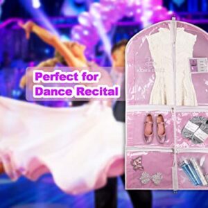 Hiverst Dance Garment Bag with Zipper Pockets Set, Dance Costume Recital Competition Bags Caddy, 38" Hanging Pink Dress Cover Wardrobe Storage Bag Pack with Clear Window for Kids, Girl Dancer…