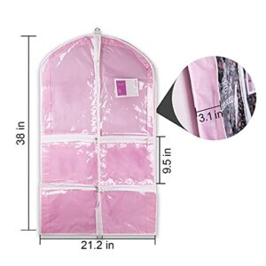 Hiverst Dance Garment Bag with Zipper Pockets Set, Dance Costume Recital Competition Bags Caddy, 38" Hanging Pink Dress Cover Wardrobe Storage Bag Pack with Clear Window for Kids, Girl Dancer…