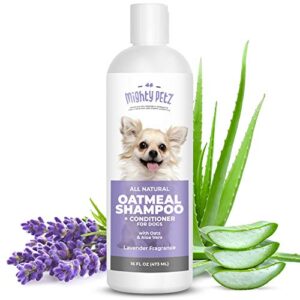 mighty petz 2-in-1 oatmeal dog shampoo and conditioner – dog shampoo sensitive skin for dog's itchy dry skin with soothing aloe vera + baking soda + ph balanced. get smelly dogs coat fresh, 16 oz