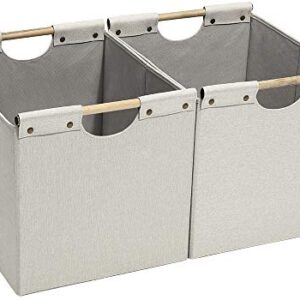 HOONEX Large Foldable Storage Bins, Linen Fabric, 2 Pack, with Wooden Carry Handles and Sturdy Heavy Cardboard, for Home, Office, Car, Nursery, Beige