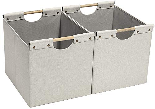 HOONEX Large Foldable Storage Bins, Linen Fabric, 2 Pack, with Wooden Carry Handles and Sturdy Heavy Cardboard, for Home, Office, Car, Nursery, Beige