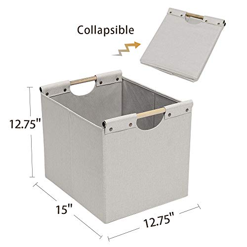 HOONEX Large Foldable Storage Bins, Linen Fabric, 2 Pack, with Wooden Carry Handles and Sturdy Heavy Cardboard, for Home, Office, Car, Nursery, Beige