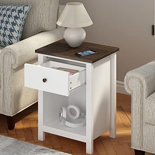 ChooChoo Farmhouse End Table with Drawer, White Bedside Table with Storage Cabinet for Bedroom, Wooden Nightstand Side Table Living Room