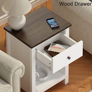 ChooChoo Farmhouse End Table with Drawer, White Bedside Table with Storage Cabinet for Bedroom, Wooden Nightstand Side Table Living Room