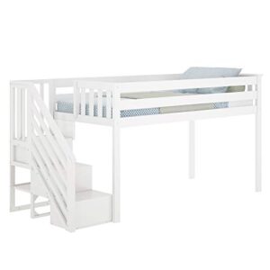 Max & Lily Low Loft Bed, Twin Bed Frame For Kids With Stairs, White