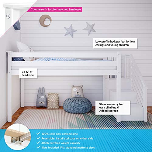 Max & Lily Low Loft Bed, Twin Bed Frame For Kids With Stairs, White