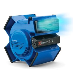 lasko x-blower 6 position high velocity pivoting utility blower fan for cooling, ventilating, exhausting and drying, 3 speeds, ac outlet, circuit breaker with reset, usb port, 11", blue, x12905