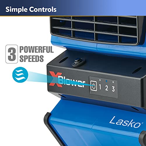 Lasko X-Blower 6 Position High Velocity Pivoting Utility Blower Fan for Cooling, Ventilating, Exhausting and Drying, 3 Speeds, AC Outlet, Circuit Breaker with Reset, USB Port, 11", Blue, X12905