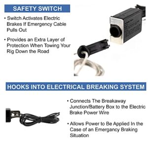 RecPro Trailer Breakaway Switch Cable Kit | Trailer Electric Safety 12V | Braided 4ft Steel Cable