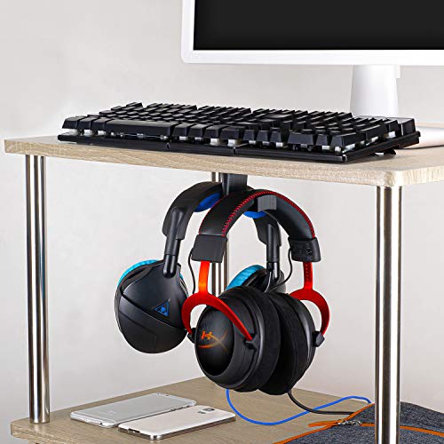 BRAINWAVZ BigT Dual Headphone Stand, Under Desk Hanger for Headphones, Gaming Headsets, Mobiles Accessories, Stick On, No Screws, Black (Big T)