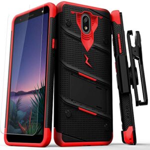 zizo bolt series for lg escape plus case | heavy-duty military-grade drop protection w/ kickstand included belt clip holster tempered glass lanyard (black/red)