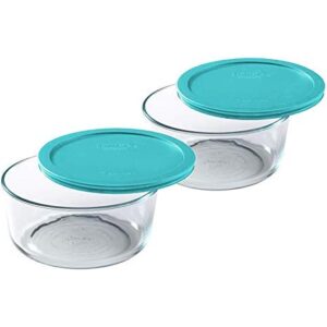 pyrex 2 cup glass food storage set 2 pack turquoise lid
