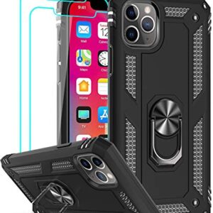 LeYi Compatible for iPhone 11 Pro Max Case with Tempered Glass Screen Protector [2 Pack], Military-Grade Phone Case Cover with Ring Kickstand for Apple iPhone 11 Pro Max 6.5 inch，Black