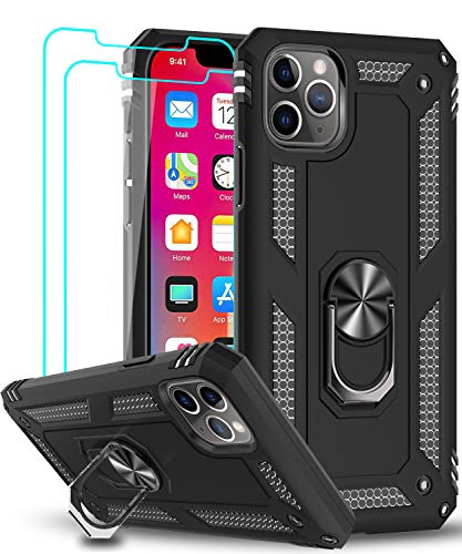 LeYi Compatible for iPhone 11 Pro Max Case with Tempered Glass Screen Protector [2 Pack], Military-Grade Phone Case Cover with Ring Kickstand for Apple iPhone 11 Pro Max 6.5 inch，Black