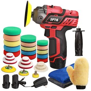 spta 12v cordless car polisher tool sets, cordless drill variable speed polisher and buffer,1500mah li-ion battery with fast charger and polishing pads for car detailing and paint polishing